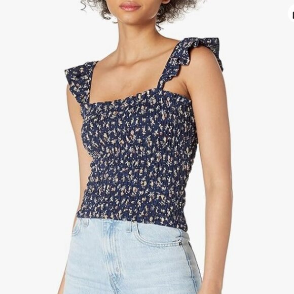 LUCKY BRAND Navy Floral Smocked Top - Picture 1 of 9